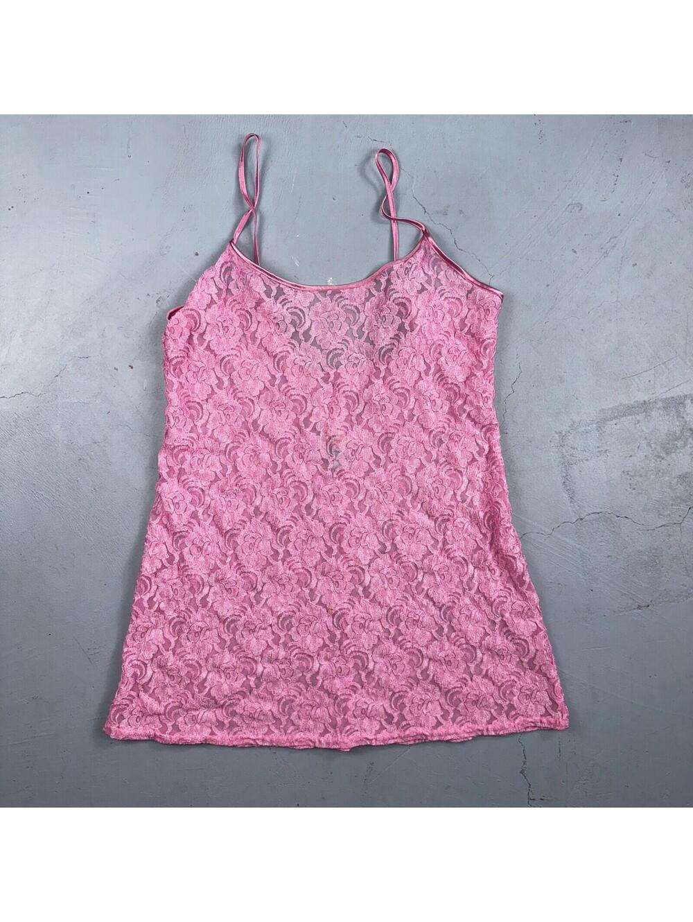 Soft Sensations 80s VTG Women's Lace Trim Satin Mini Slip Lingerie Dress Pink